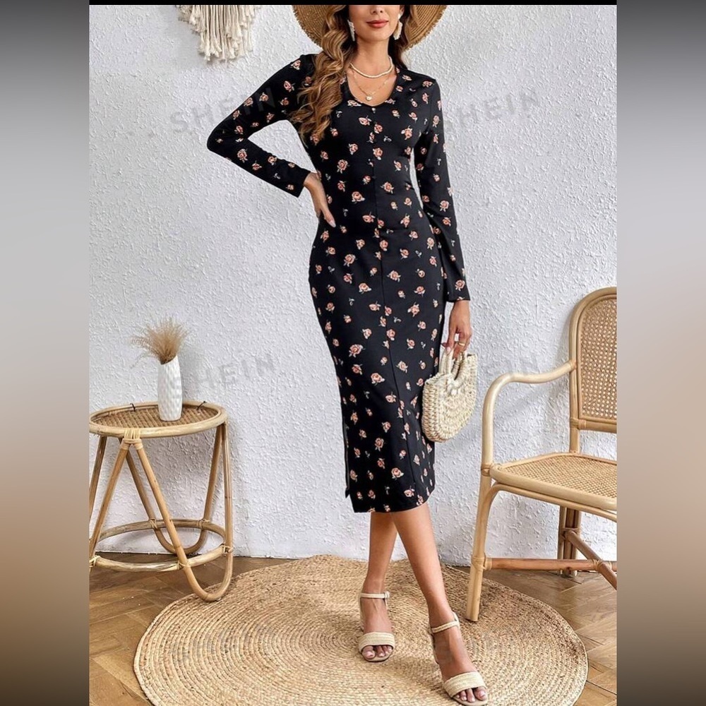 SHEIN VCAY Allover Floral Print Split Thigh Bodycon Dress size S new with tag - Picture 3 of 15